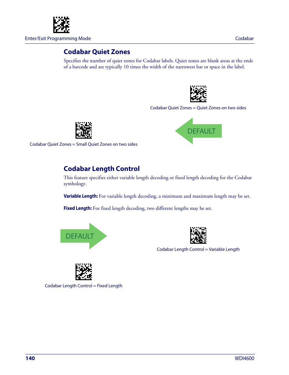 Codabar quiet zones, Codabar length control, Codabar quiet zones codabar length control | Default | Wasp Barcode WDI4600 2D Product Reference Guide User Manual | Page 150 / 284