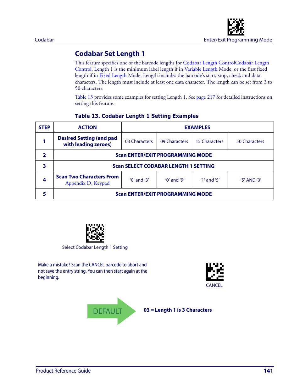 Codabar set length 1, Default | Wasp Barcode WDI4600 2D Product Reference Guide User Manual | Page 151 / 284