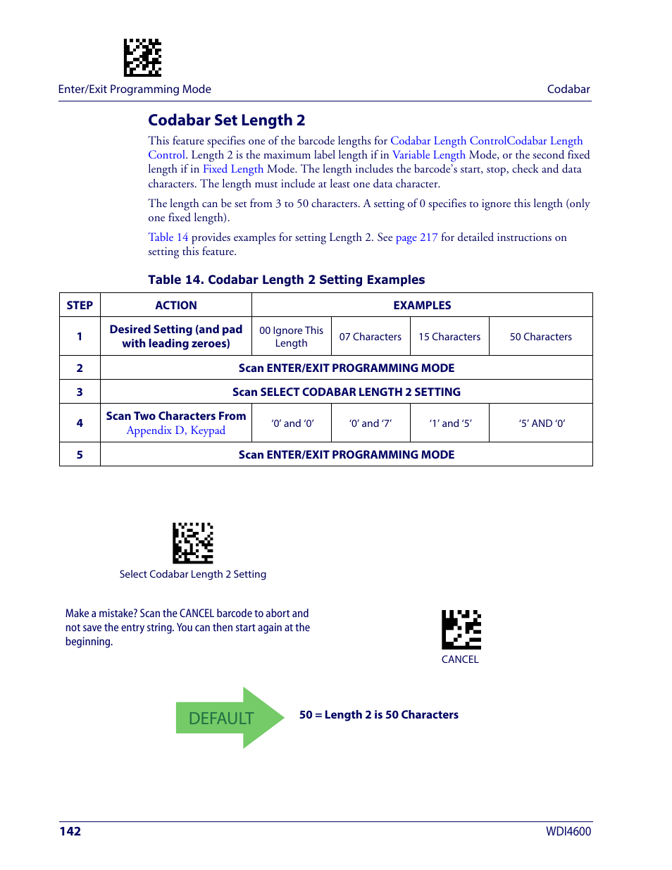 Codabar set length 2, Default | Wasp Barcode WDI4600 2D Product Reference Guide User Manual | Page 152 / 284