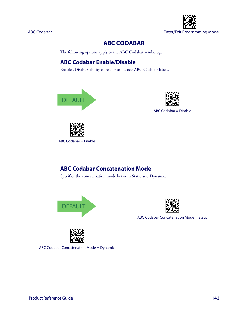 Abc codabar, Abc codabar enable/disable, Abc codabar concatenation mode | Default | Wasp Barcode WDI4600 2D Product Reference Guide User Manual | Page 153 / 284