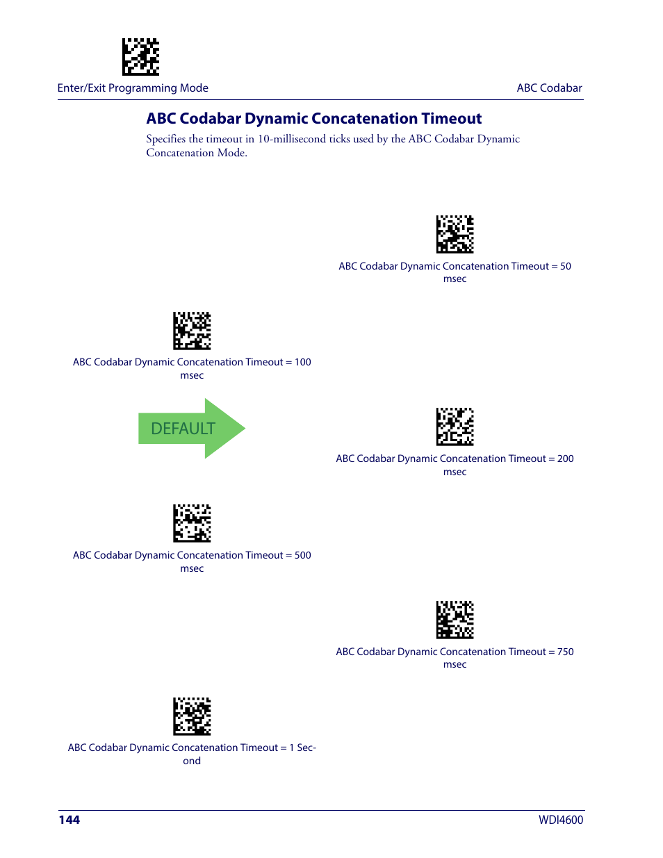 Abc codabar dynamic concatenation timeout, Default | Wasp Barcode WDI4600 2D Product Reference Guide User Manual | Page 154 / 284