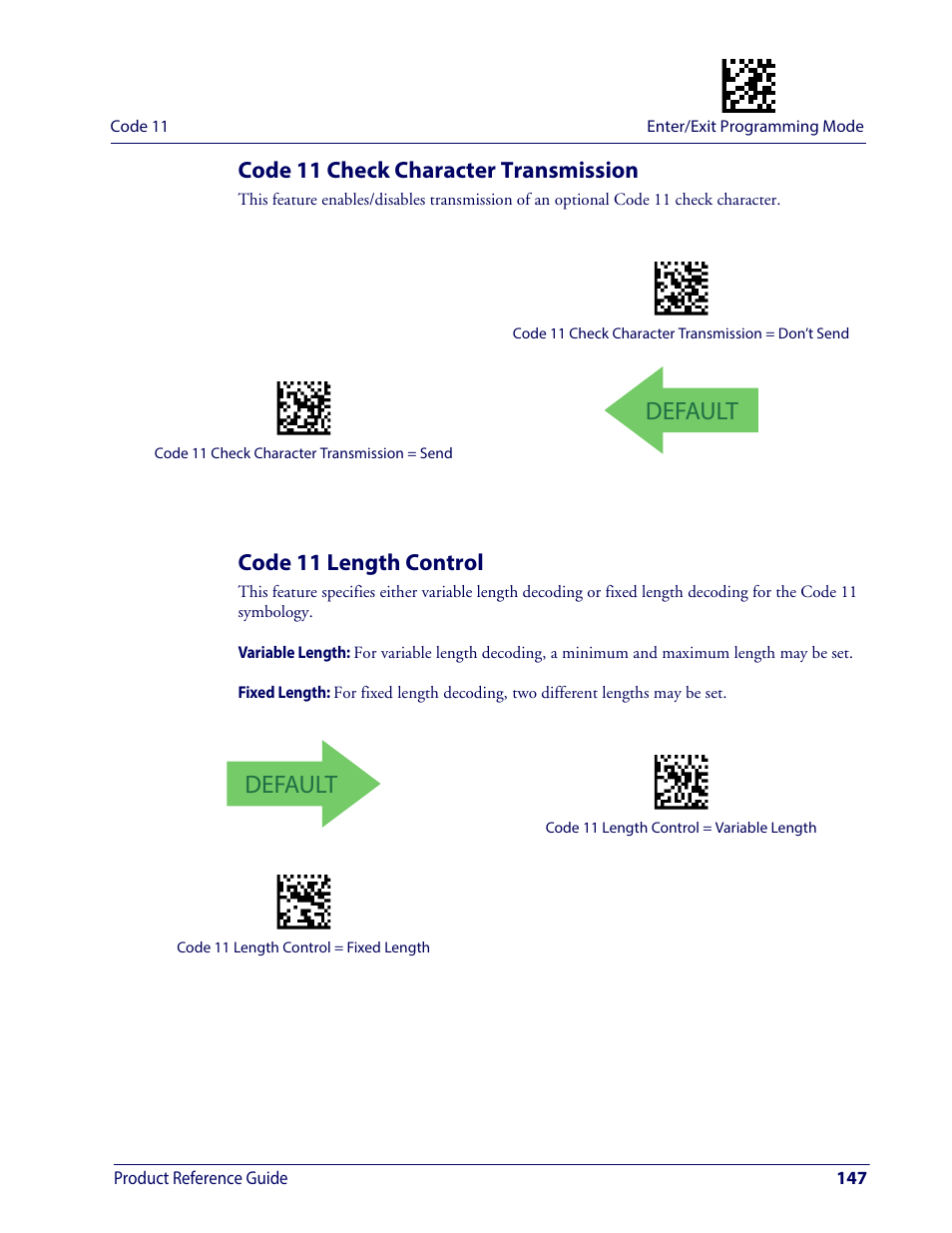 Code 11 check character transmission, Code 11 length control, Default | Wasp Barcode WDI4600 2D Product Reference Guide User Manual | Page 157 / 284