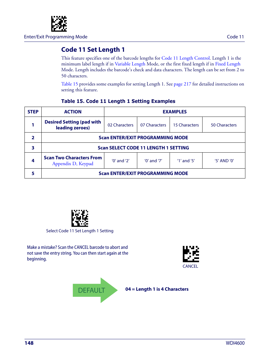 Code 11 set length 1, Default | Wasp Barcode WDI4600 2D Product Reference Guide User Manual | Page 158 / 284