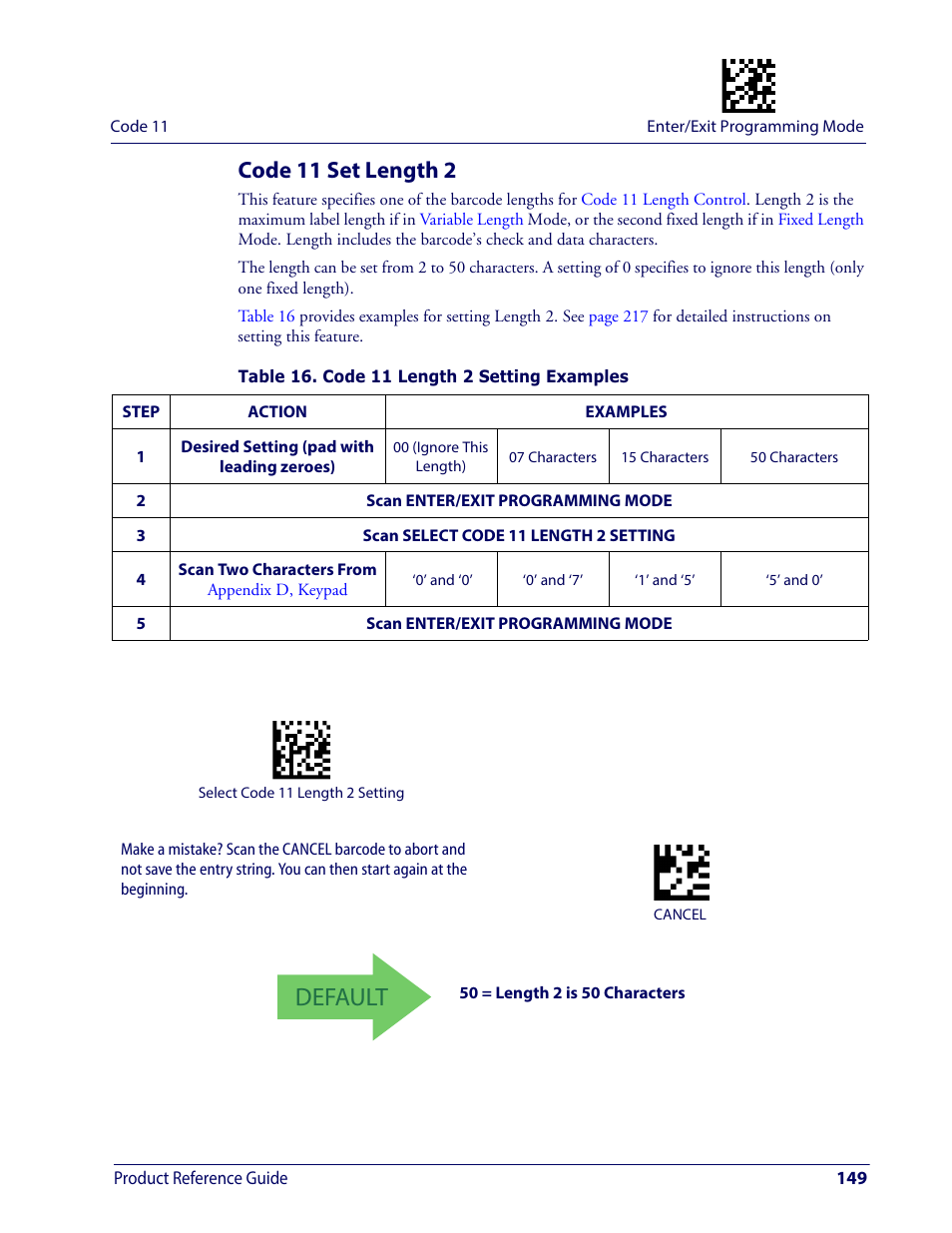 Code 11 set length 2, Default | Wasp Barcode WDI4600 2D Product Reference Guide User Manual | Page 159 / 284