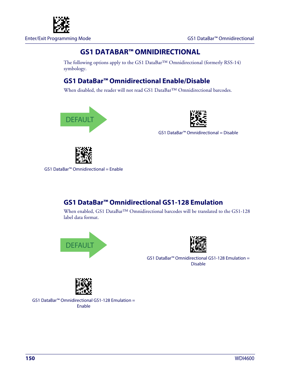 Gs1 databar™ omnidirectional, Gs1 databar™ omnidirectional enable/disable, Gs1 databar™ omnidirectional gs1-128 emulation | Default | Wasp Barcode WDI4600 2D Product Reference Guide User Manual | Page 160 / 284