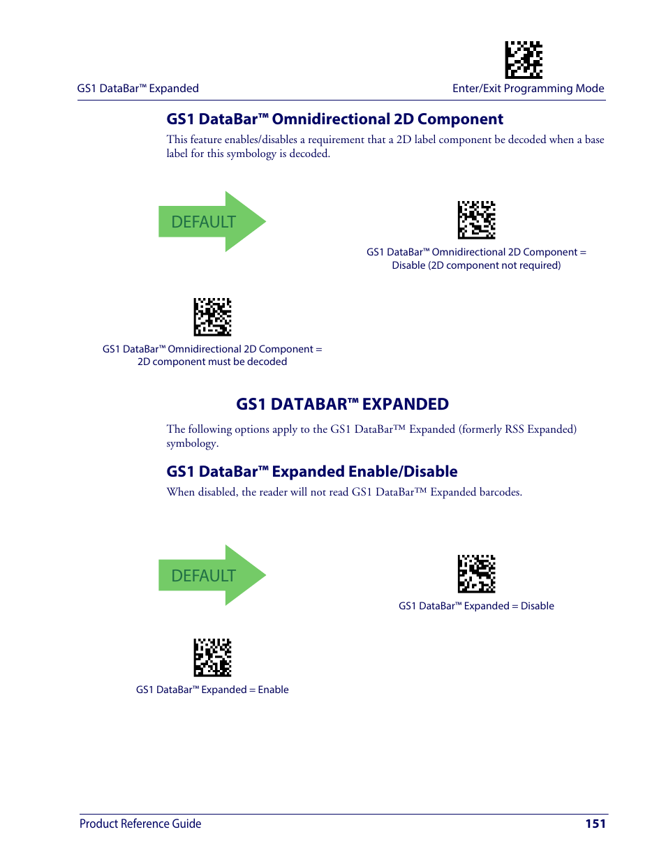 Gs1 databar™ omnidirectional 2d component, Gs1 databar™ expanded, Gs1 databar™ expanded enable/disable | Default | Wasp Barcode WDI4600 2D Product Reference Guide User Manual | Page 161 / 284