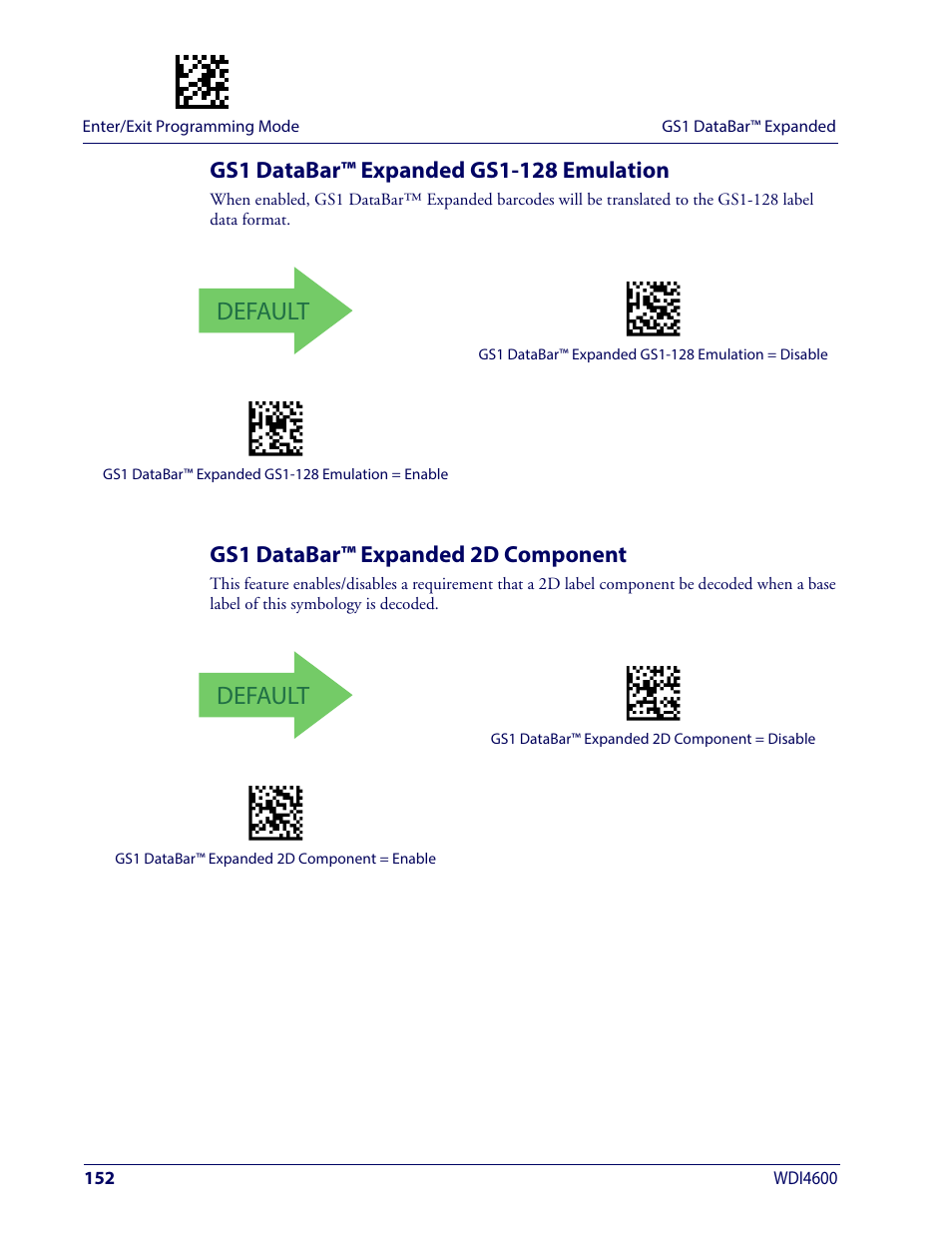 Gs1 databar™ expanded gs1-128 emulation, Gs1 databar™ expanded 2d component, Default | Wasp Barcode WDI4600 2D Product Reference Guide User Manual | Page 162 / 284
