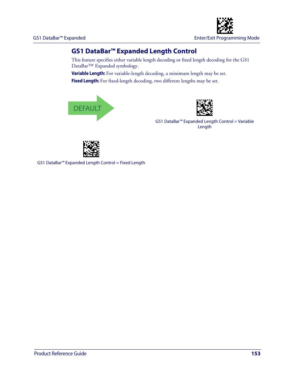 Gs1 databar™ expanded length control, Default | Wasp Barcode WDI4600 2D Product Reference Guide User Manual | Page 163 / 284