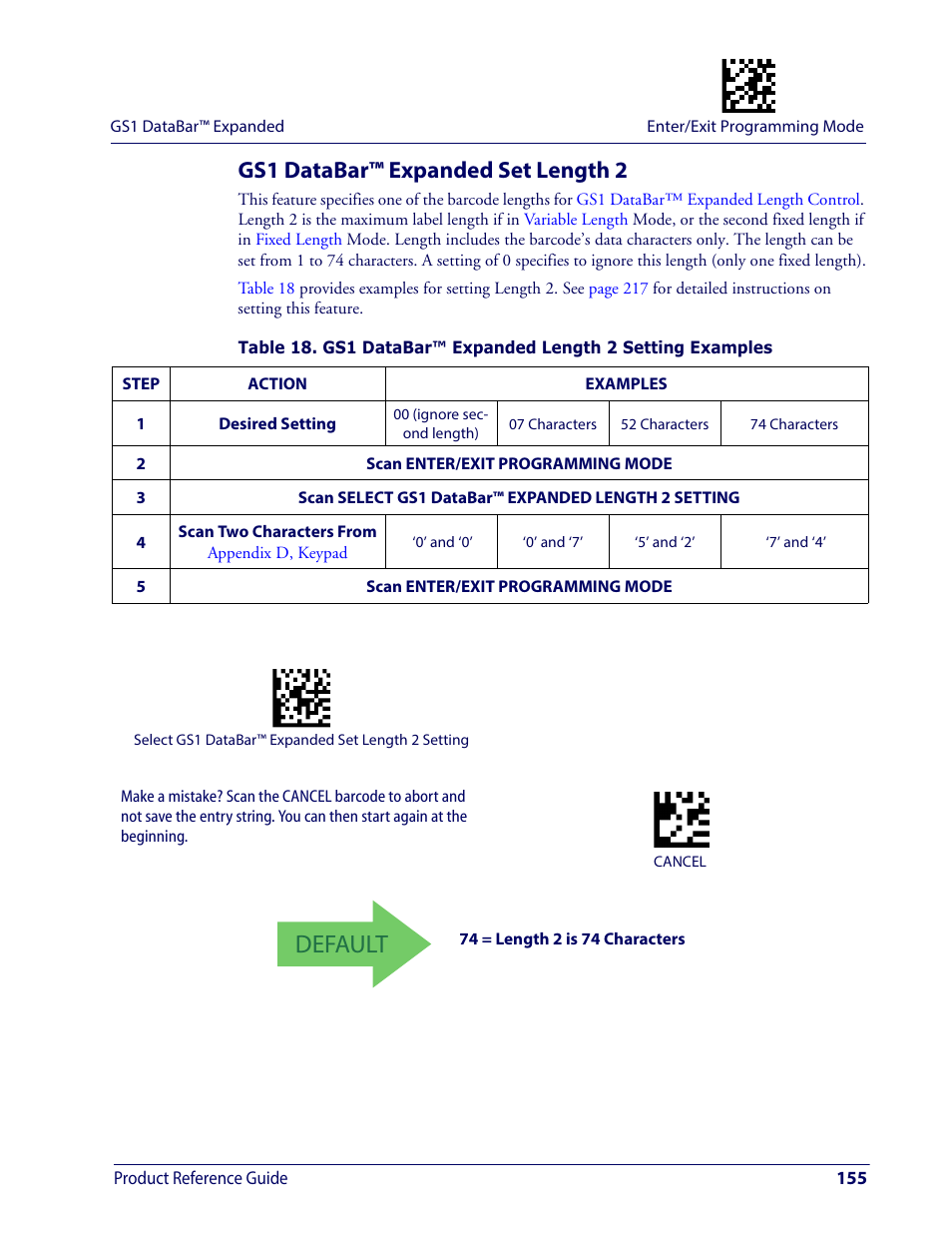 Gs1 databar™ expanded set length 2, Default | Wasp Barcode WDI4600 2D Product Reference Guide User Manual | Page 165 / 284