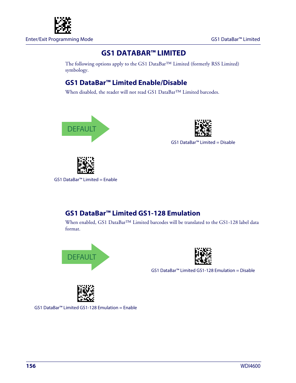 Gs1 databar™ limited, Gs1 databar™ limited enable/disable, Gs1 databar™ limited gs1-128 emulation | Default | Wasp Barcode WDI4600 2D Product Reference Guide User Manual | Page 166 / 284