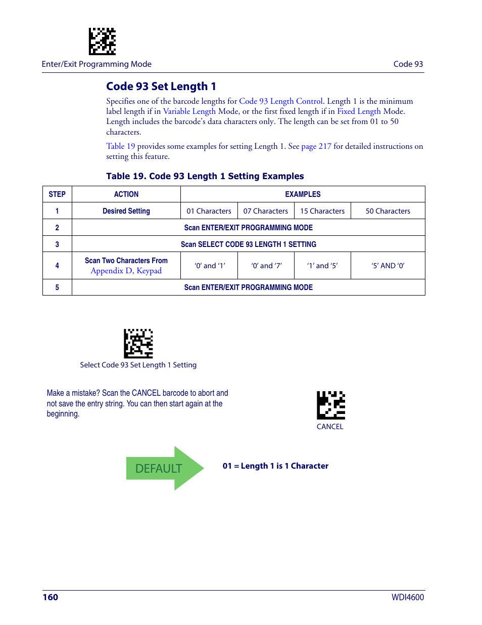 Code 93 set length 1, Default | Wasp Barcode WDI4600 2D Product Reference Guide User Manual | Page 170 / 284