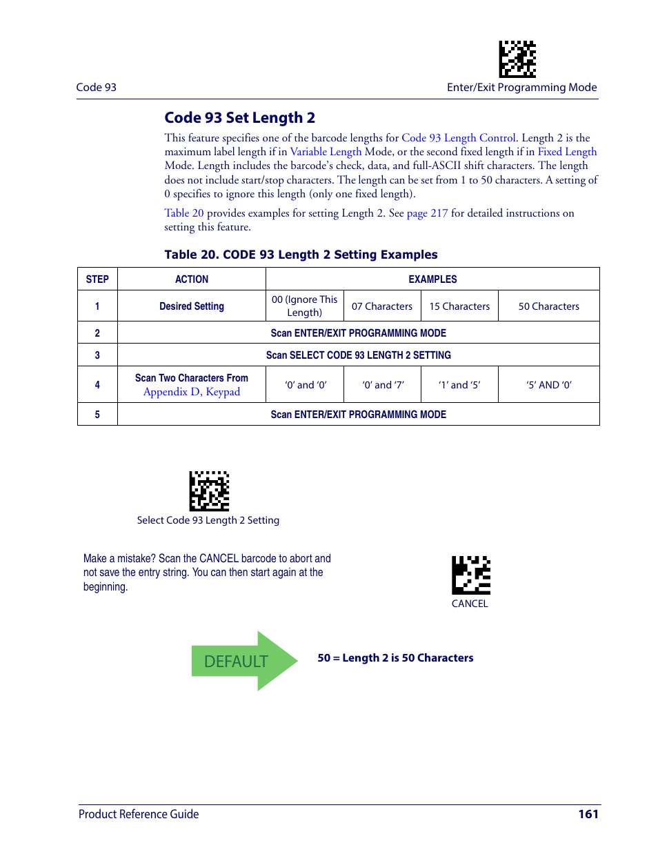 Code 93 set length 2, Default | Wasp Barcode WDI4600 2D Product Reference Guide User Manual | Page 171 / 284
