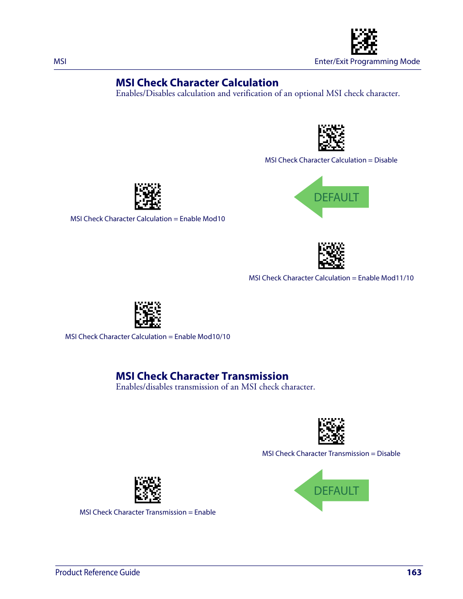 Msi check character calculation, Msi check character transmission, Default | Wasp Barcode WDI4600 2D Product Reference Guide User Manual | Page 173 / 284