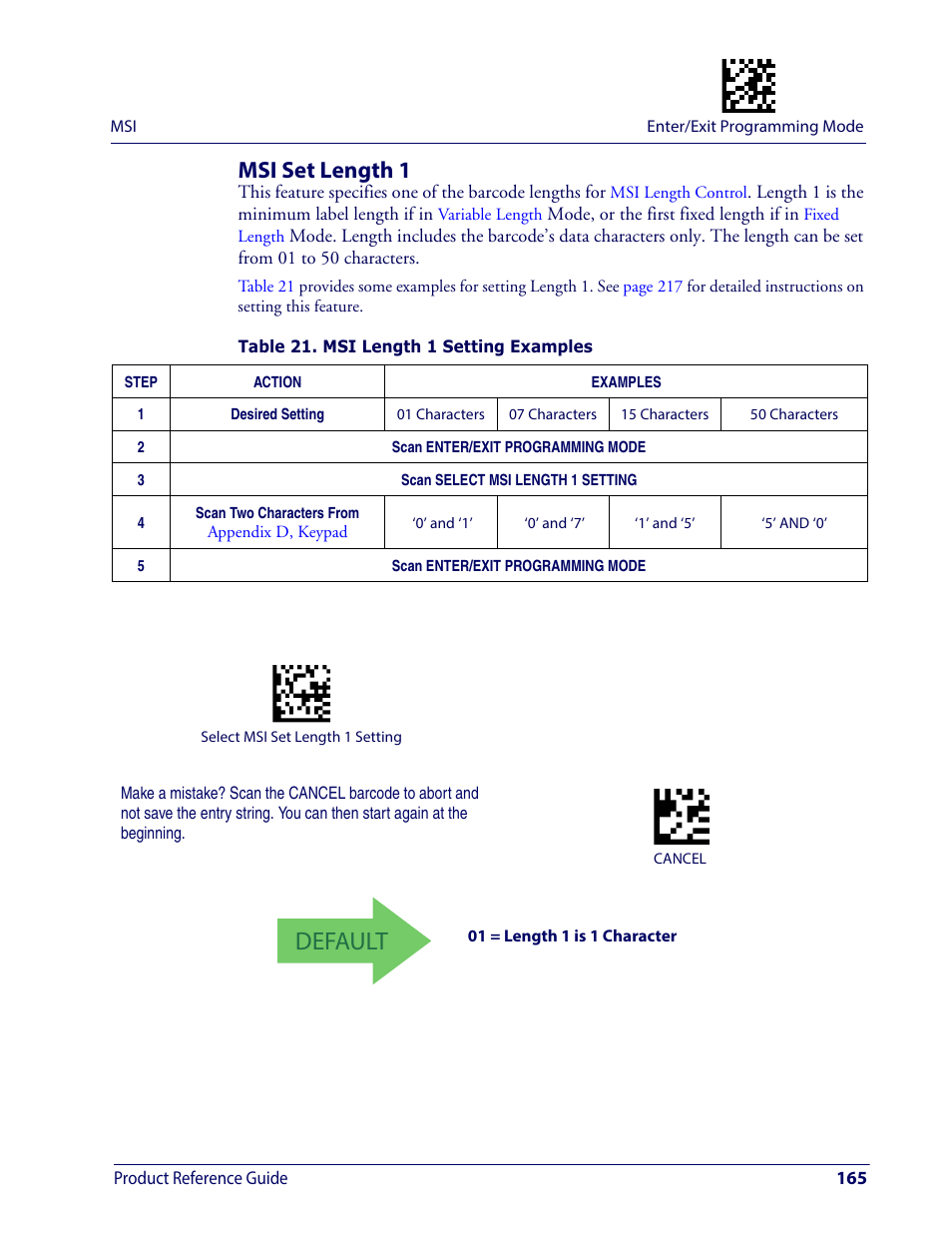 Msi set length 1, Default | Wasp Barcode WDI4600 2D Product Reference Guide User Manual | Page 175 / 284