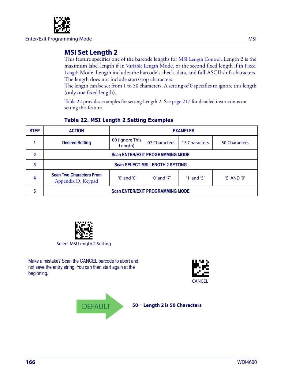 Msi set length 2, Default | Wasp Barcode WDI4600 2D Product Reference Guide User Manual | Page 176 / 284