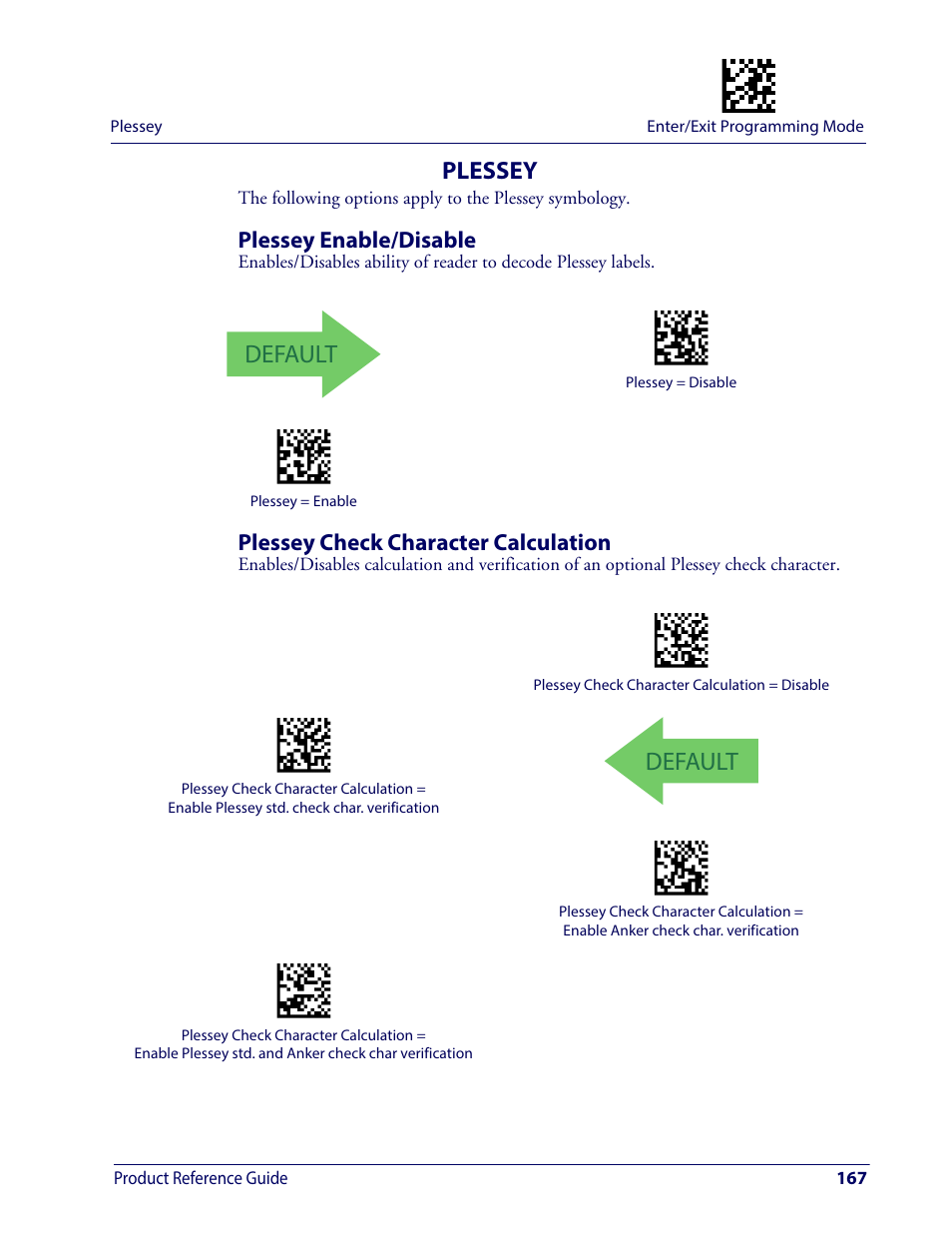 Plessey, Plessey enable/disable, Plessey check character calculation | Default | Wasp Barcode WDI4600 2D Product Reference Guide User Manual | Page 177 / 284