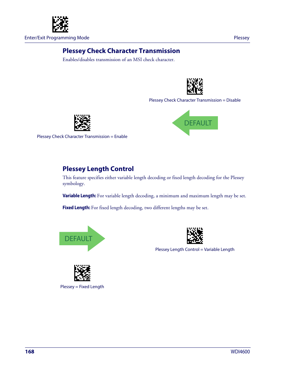 Plessey check character transmission, Plessey length control, Default | Wasp Barcode WDI4600 2D Product Reference Guide User Manual | Page 178 / 284