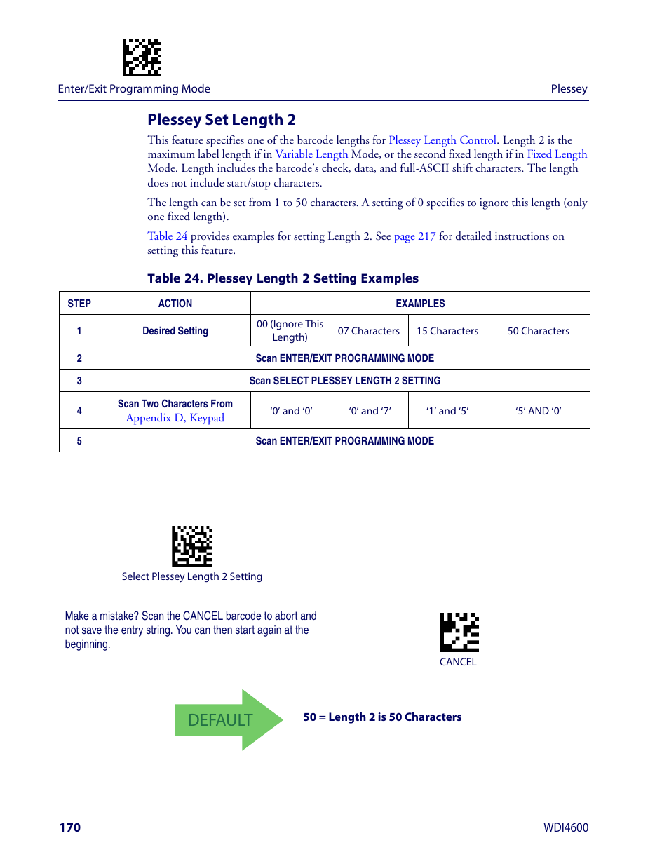 Plessey set length 2, Default | Wasp Barcode WDI4600 2D Product Reference Guide User Manual | Page 180 / 284