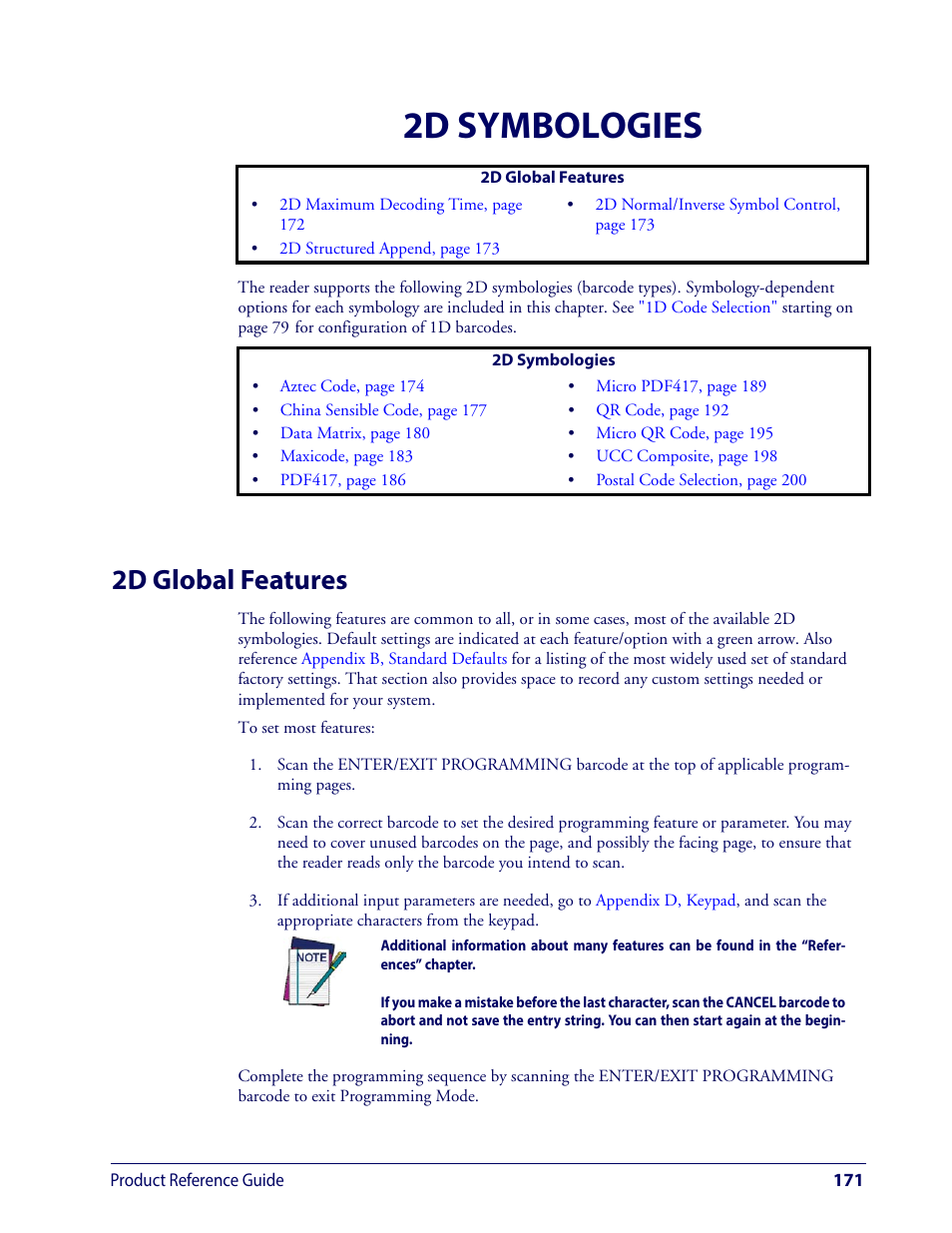 2d symbologies, 2d global features | Wasp Barcode WDI4600 2D Product Reference Guide User Manual | Page 181 / 284