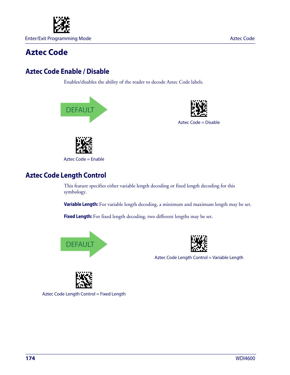 Aztec code, Aztec code enable / disable, Aztec code length control | Default | Wasp Barcode WDI4600 2D Product Reference Guide User Manual | Page 184 / 284