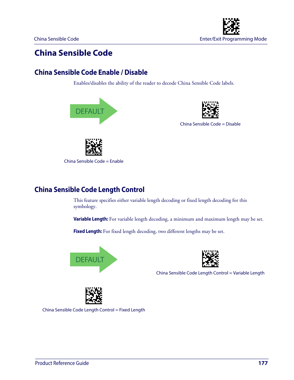 China sensible code, China sensible code enable / disable, China sensible code length control | Default | Wasp Barcode WDI4600 2D Product Reference Guide User Manual | Page 187 / 284