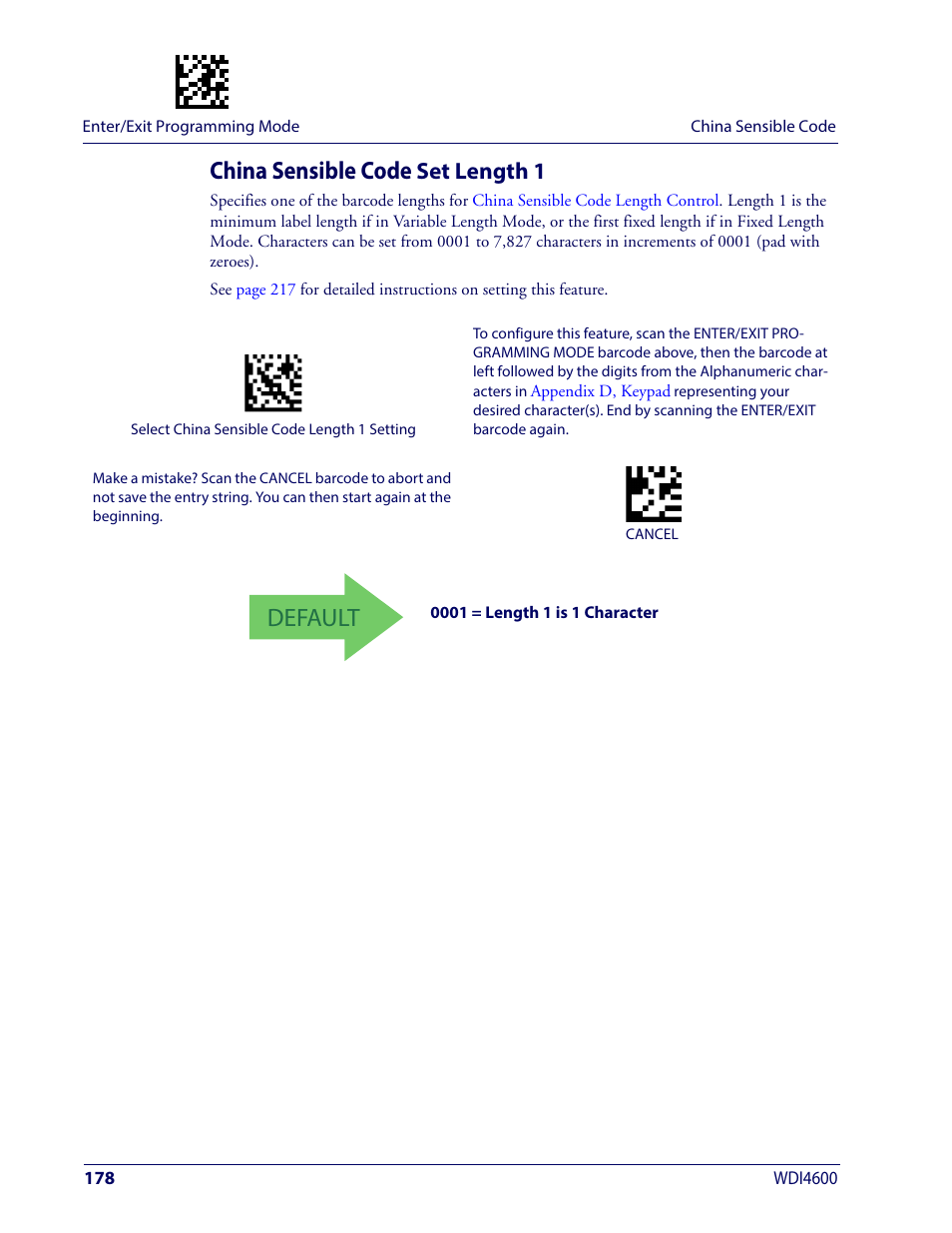 China sensible code set length 1, Default, China sensible code | Set length 1 | Wasp Barcode WDI4600 2D Product Reference Guide User Manual | Page 188 / 284