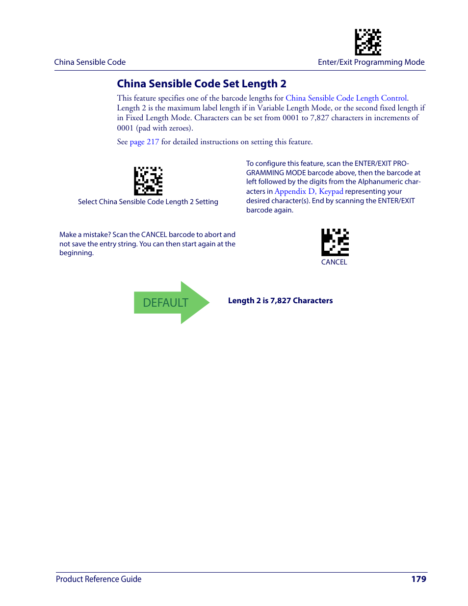 China sensible code set length 2, Default | Wasp Barcode WDI4600 2D Product Reference Guide User Manual | Page 189 / 284