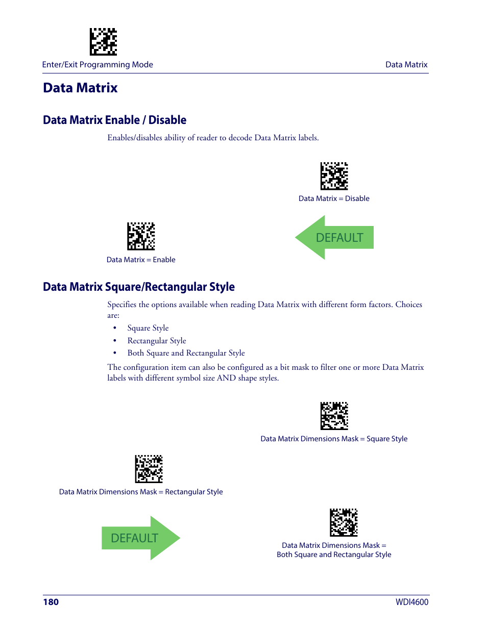 Data matrix, Data matrix enable / disable, Data matrix square/rectangular style | Default | Wasp Barcode WDI4600 2D Product Reference Guide User Manual | Page 190 / 284