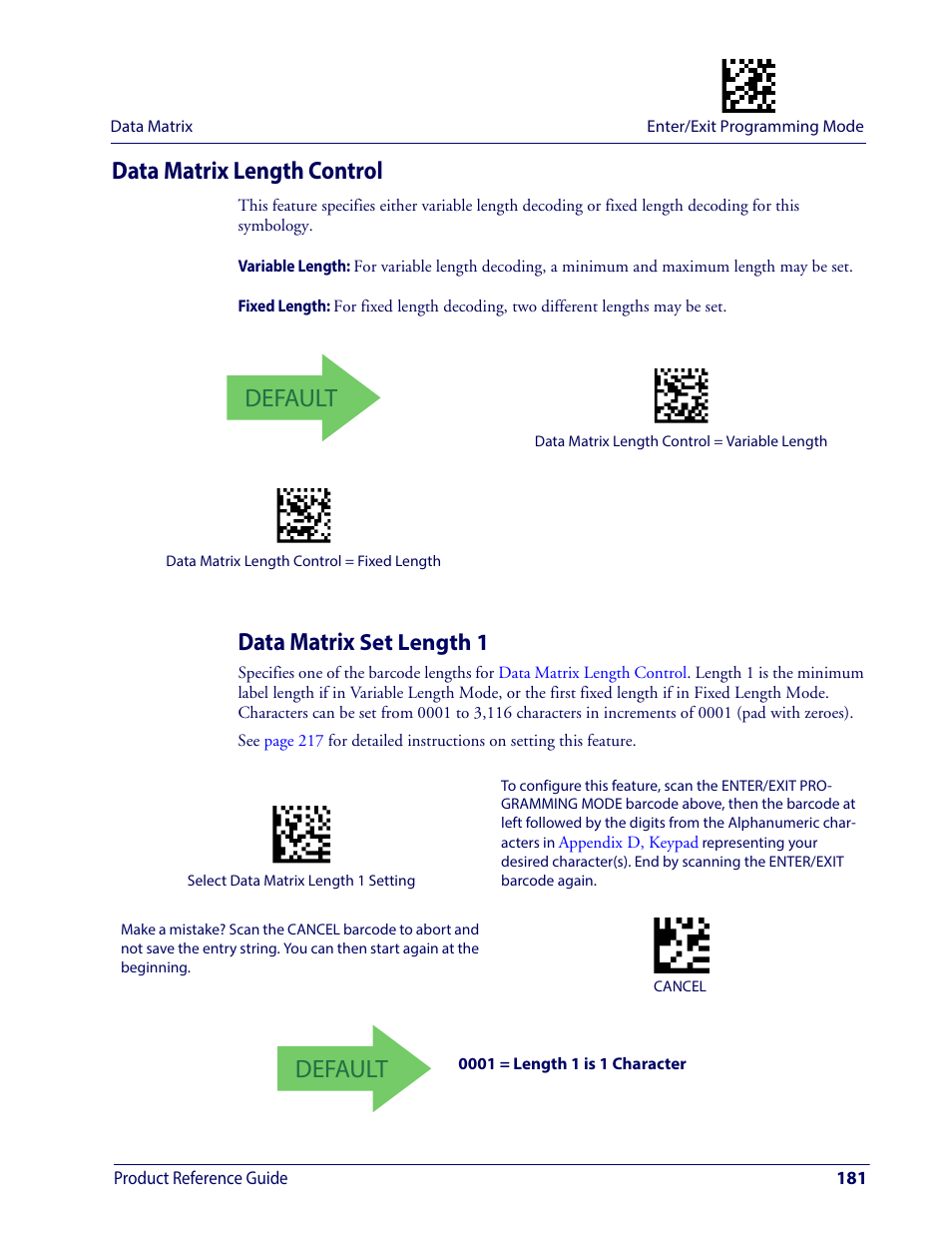 Data matrix length control, Data matrix set length 1, Default | Data matrix, Set length 1 | Wasp Barcode WDI4600 2D Product Reference Guide User Manual | Page 191 / 284