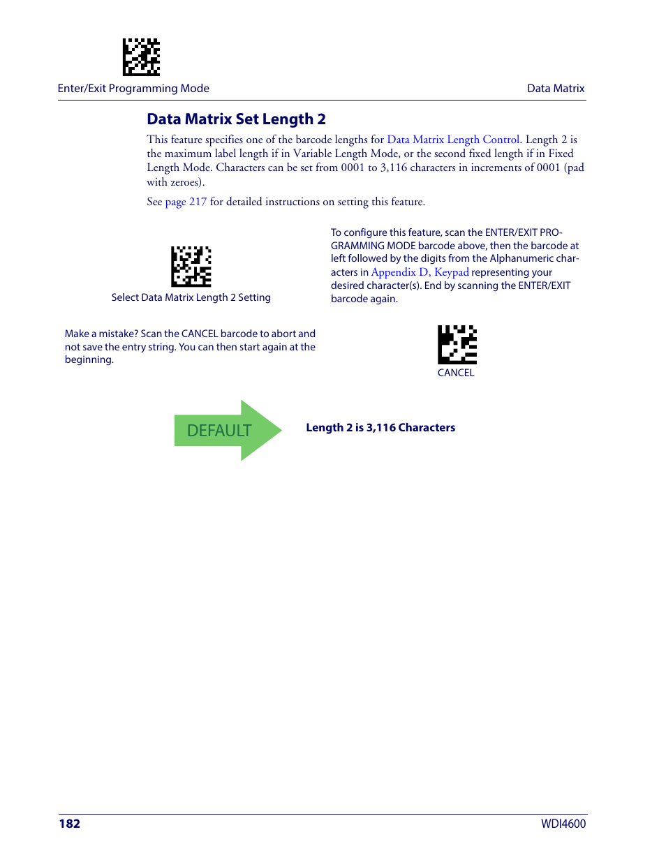 Data matrix set length 2, Default | Wasp Barcode WDI4600 2D Product Reference Guide User Manual | Page 192 / 284