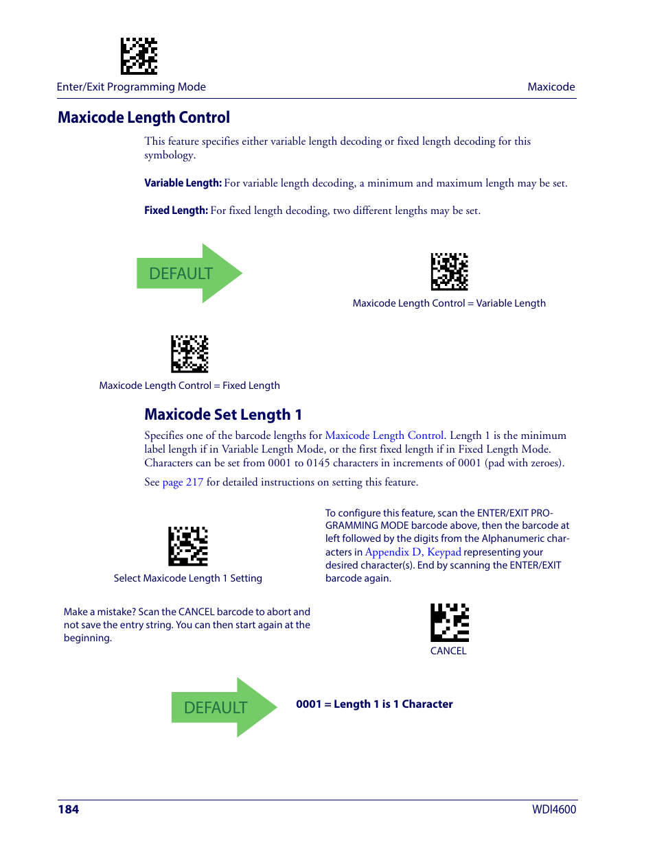 Maxicode length control, Maxicode set length 1, Default | Maxicode, Set length 1 | Wasp Barcode WDI4600 2D Product Reference Guide User Manual | Page 194 / 284