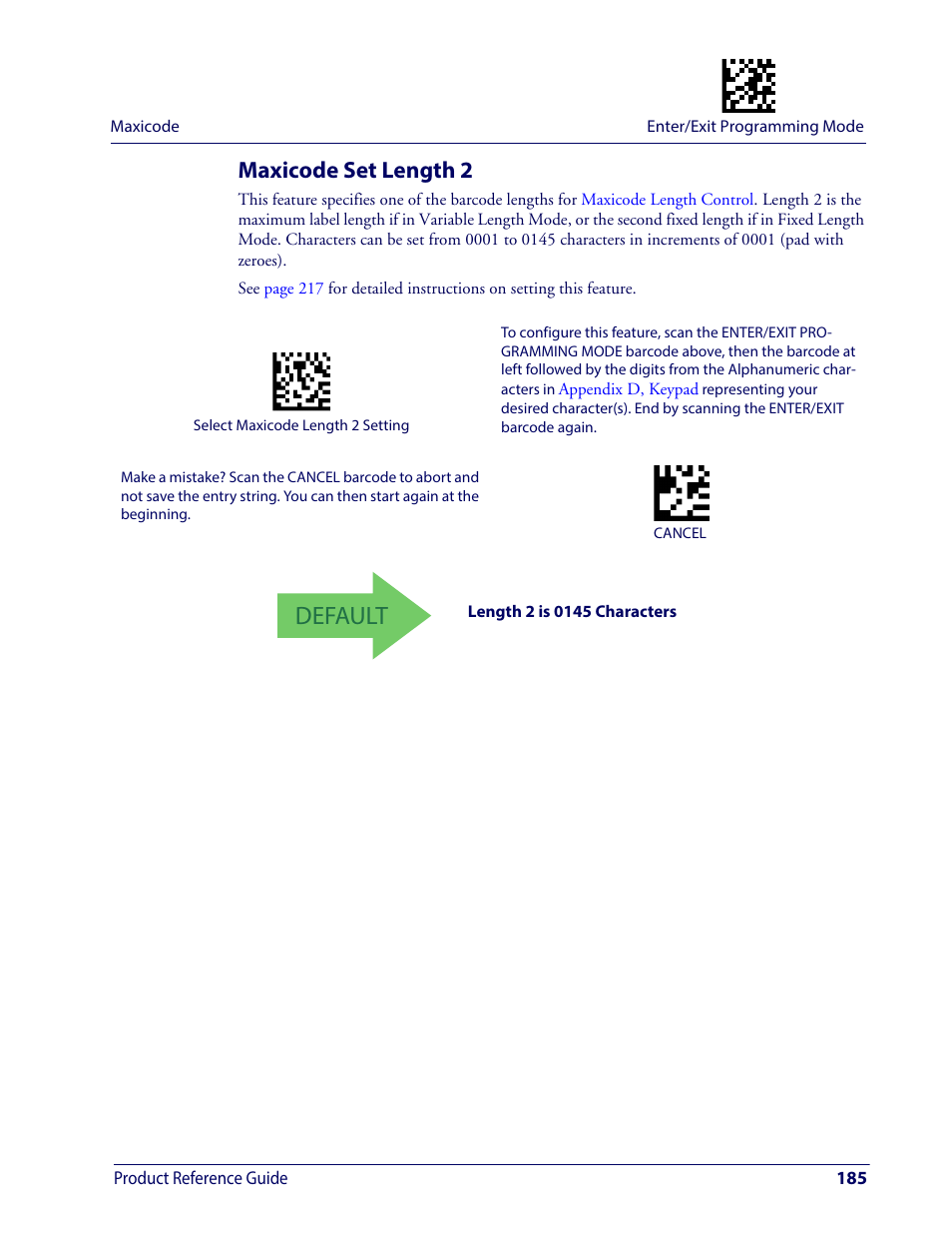 Maxicode set length 2, Default | Wasp Barcode WDI4600 2D Product Reference Guide User Manual | Page 195 / 284