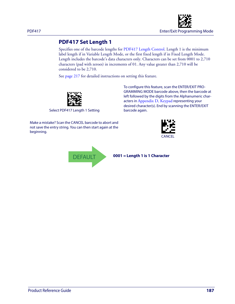Pdf417 set length 1, Default | Wasp Barcode WDI4600 2D Product Reference Guide User Manual | Page 197 / 284