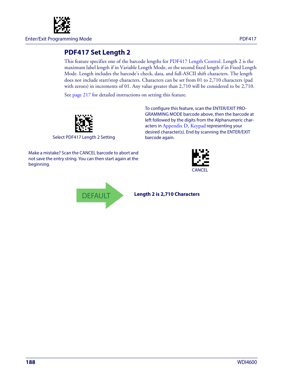 Pdf417 set length 2, Default | Wasp Barcode WDI4600 2D Product Reference Guide User Manual | Page 198 / 284