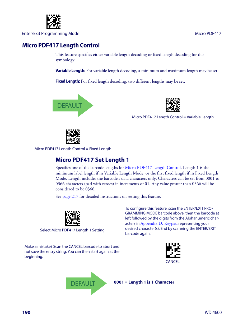 Micro pdf417 length control, Micro pdf417 set length 1, Default | Wasp Barcode WDI4600 2D Product Reference Guide User Manual | Page 200 / 284