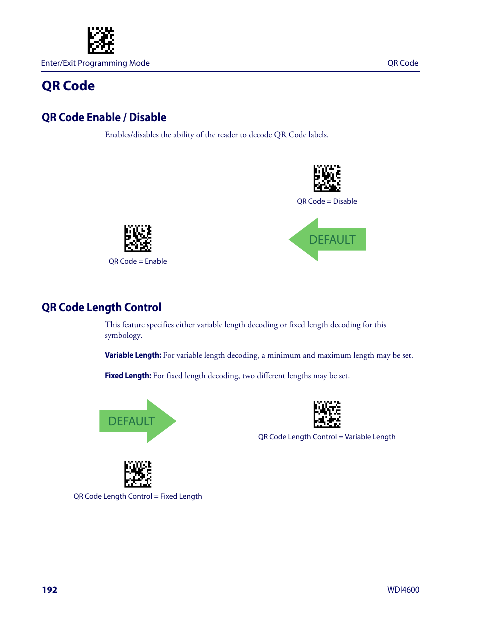 Qr code, Qr code enable / disable, Qr code length control | Qr code enable / disable qr code length control, Default | Wasp Barcode WDI4600 2D Product Reference Guide User Manual | Page 202 / 284