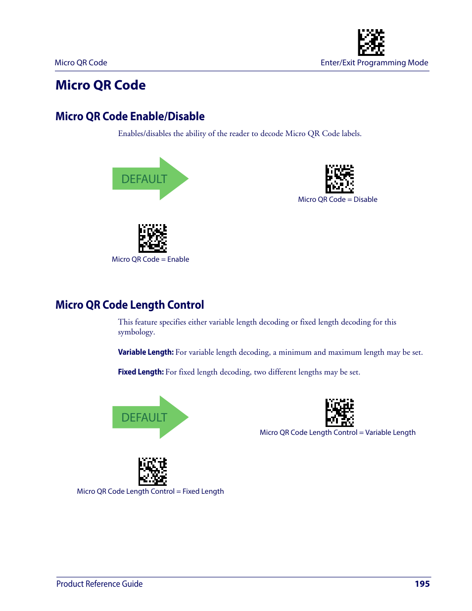 Micro qr code, Micro qr code enable/disable, Micro qr code length control | Default, Product reference guide 195 | Wasp Barcode WDI4600 2D Product Reference Guide User Manual | Page 205 / 284