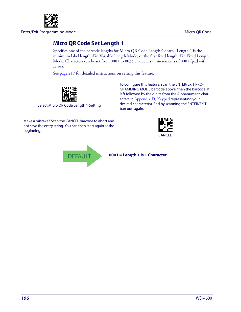Micro qr code set length 1, Default, Micro qr code | Set length 1 | Wasp Barcode WDI4600 2D Product Reference Guide User Manual | Page 206 / 284