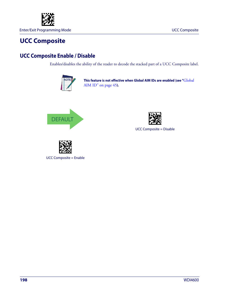 Ucc composite, Ucc composite enable / disable, Default | Wasp Barcode WDI4600 2D Product Reference Guide User Manual | Page 208 / 284