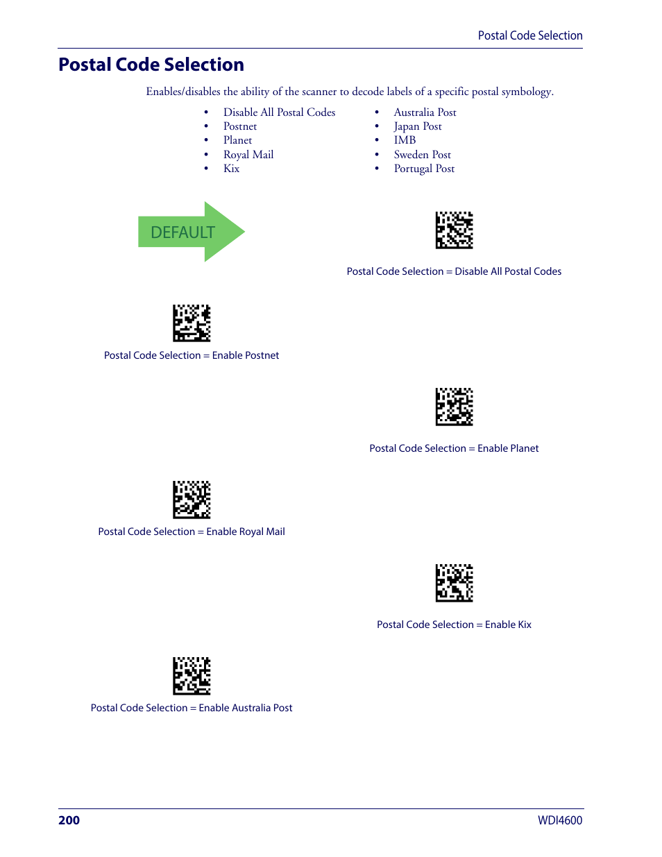 Postal code selection, Default | Wasp Barcode WDI4600 2D Product Reference Guide User Manual | Page 210 / 284