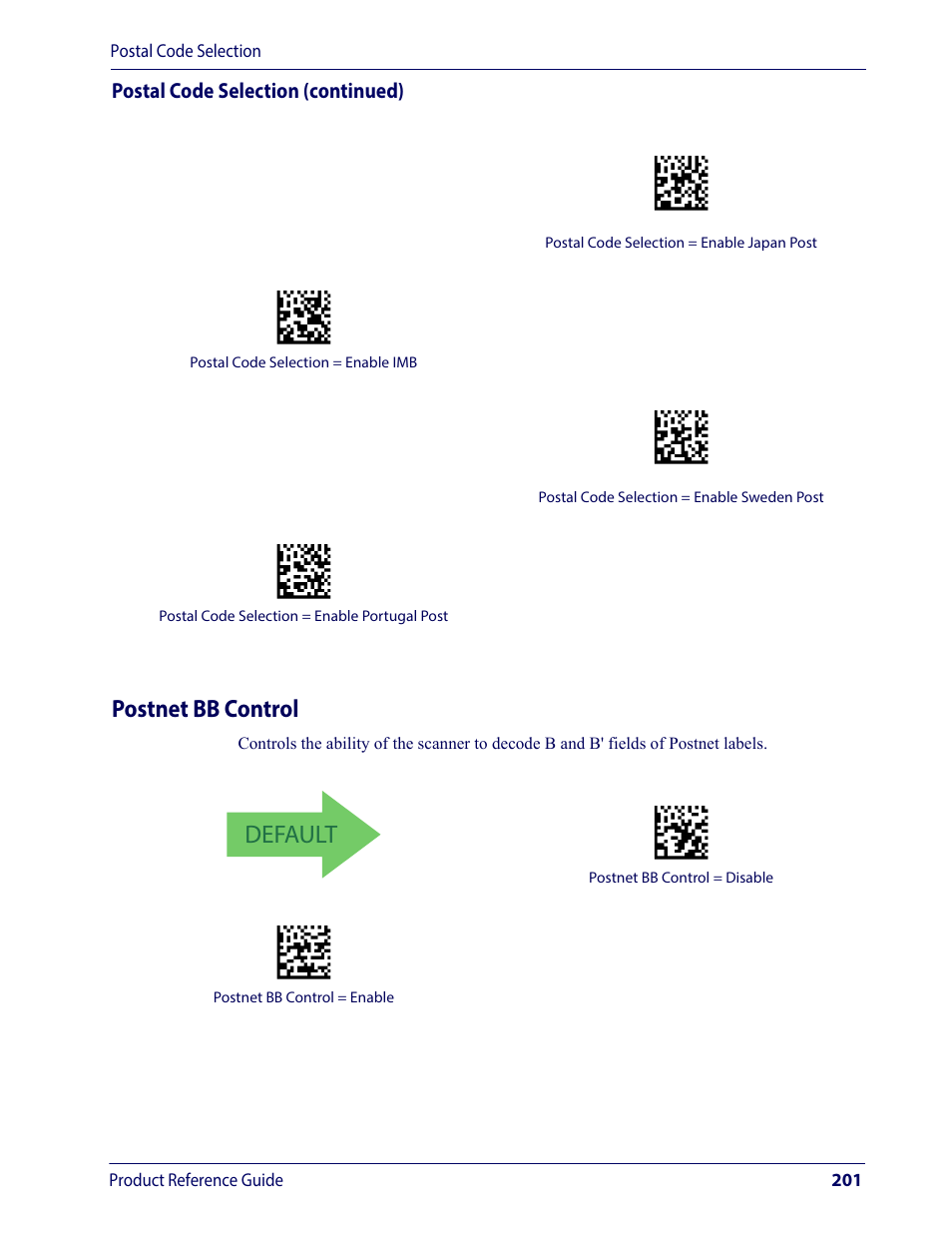 Postnet bb control, Default, Postal code selection (continued) | Wasp Barcode WDI4600 2D Product Reference Guide User Manual | Page 211 / 284