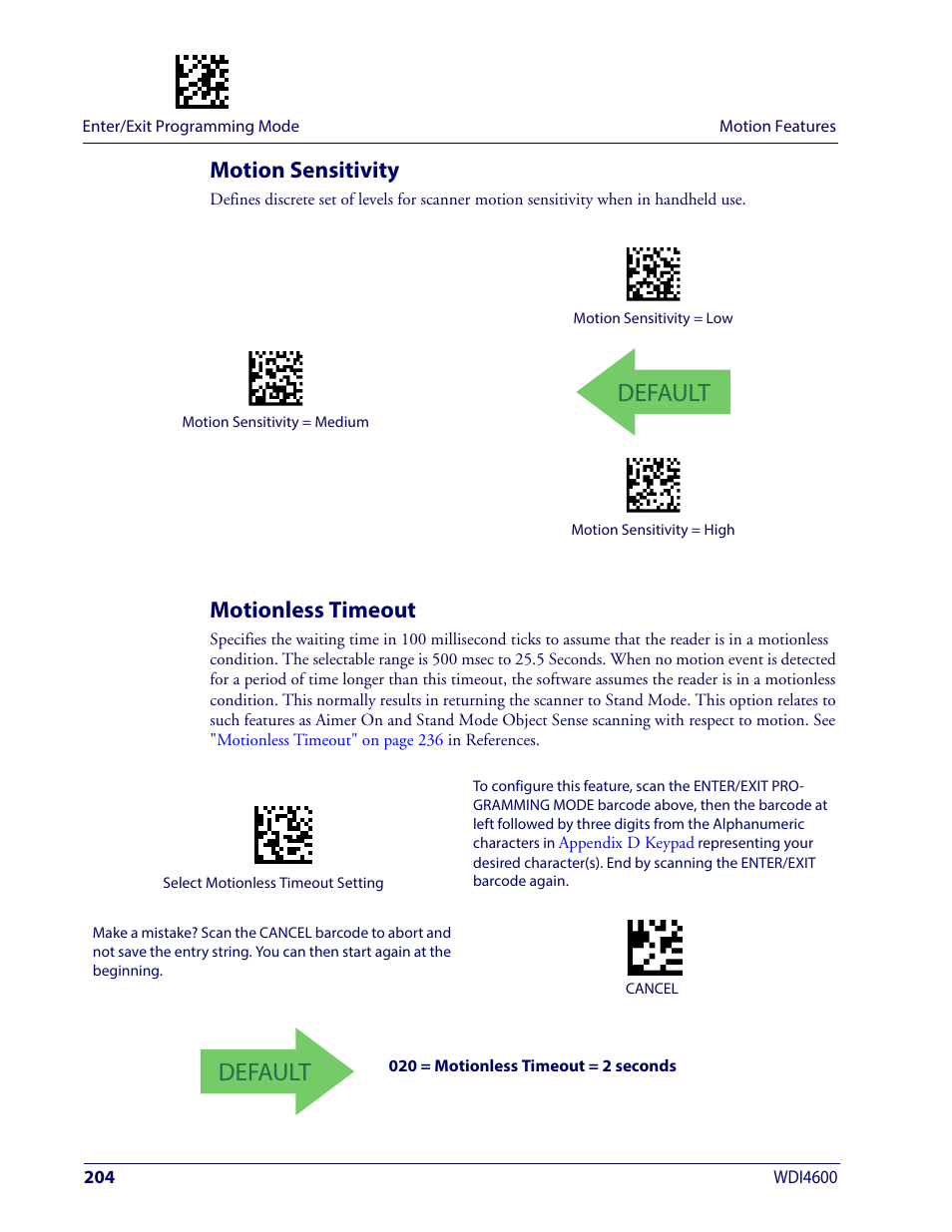 Motion sensitivity, Motionless timeout, Motion sensitivity motionless timeout | Otion, Ensitivity, Otionless, Imeout, Default | Wasp Barcode WDI4600 2D Product Reference Guide User Manual | Page 214 / 284