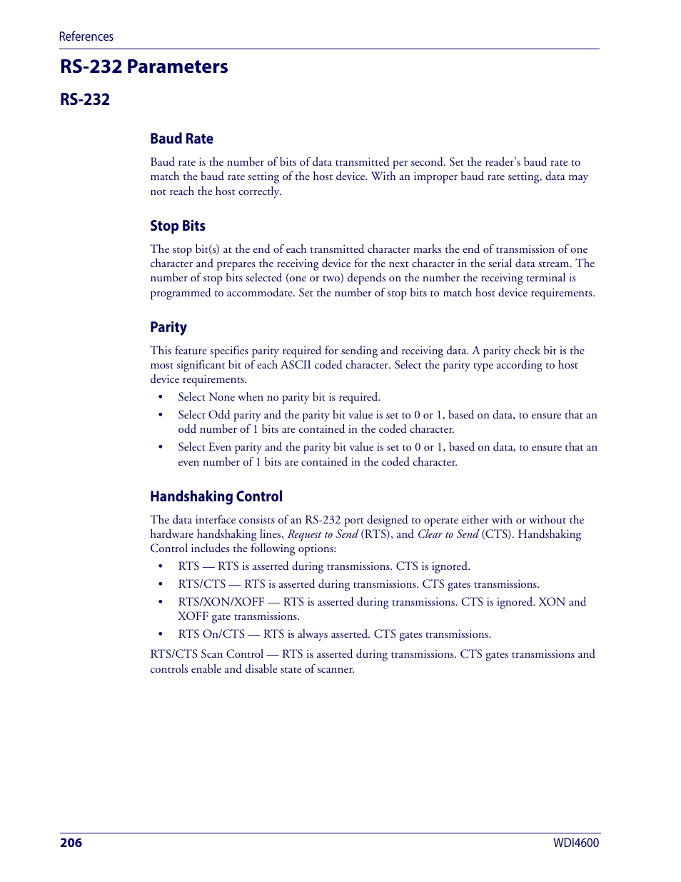 Rs-232 parameters, Rs-232, Rs-232 p | Arameters | Wasp Barcode WDI4600 2D Product Reference Guide User Manual | Page 216 / 284
