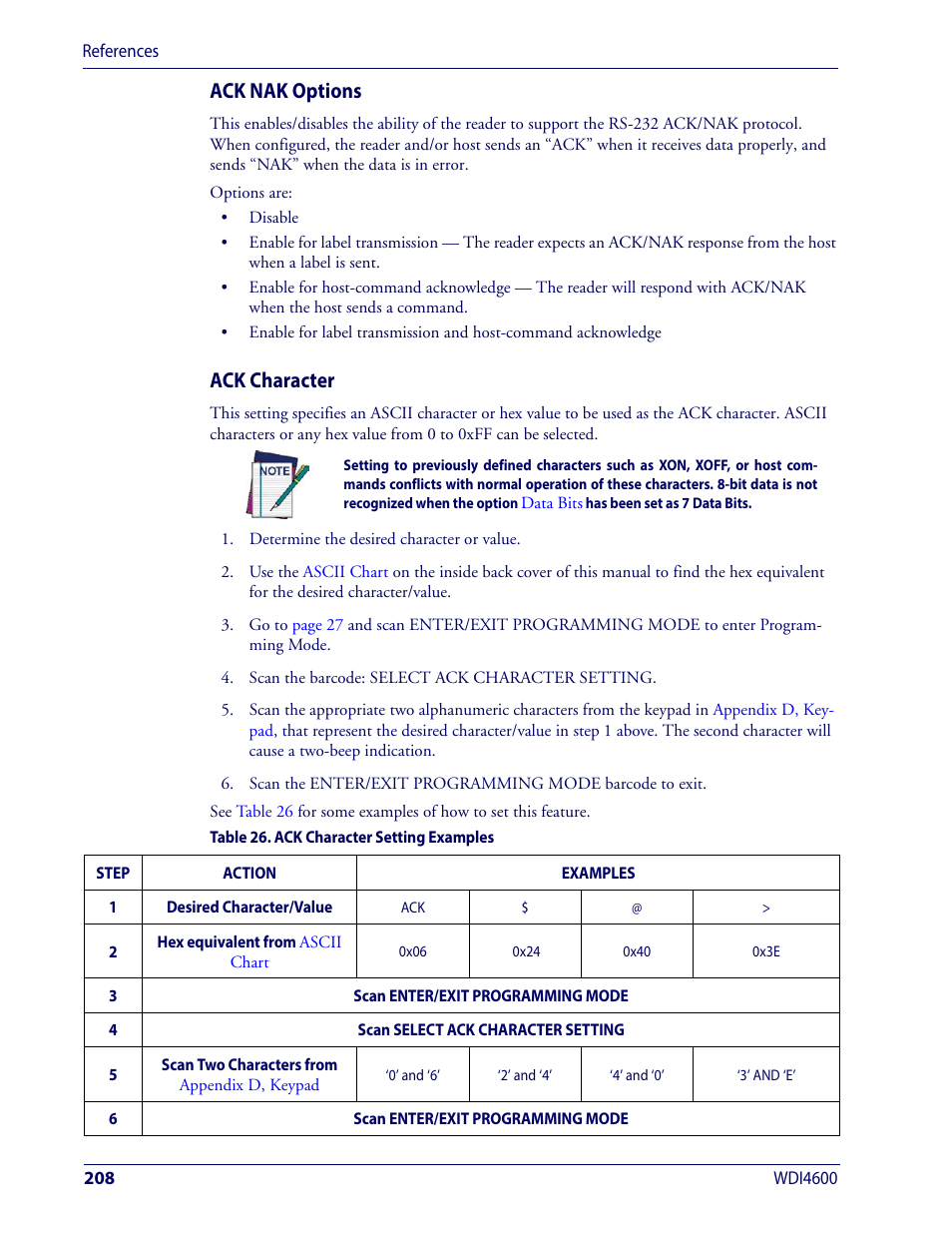 Ack nak options, Ack character | Wasp Barcode WDI4600 2D Product Reference Guide User Manual | Page 218 / 284