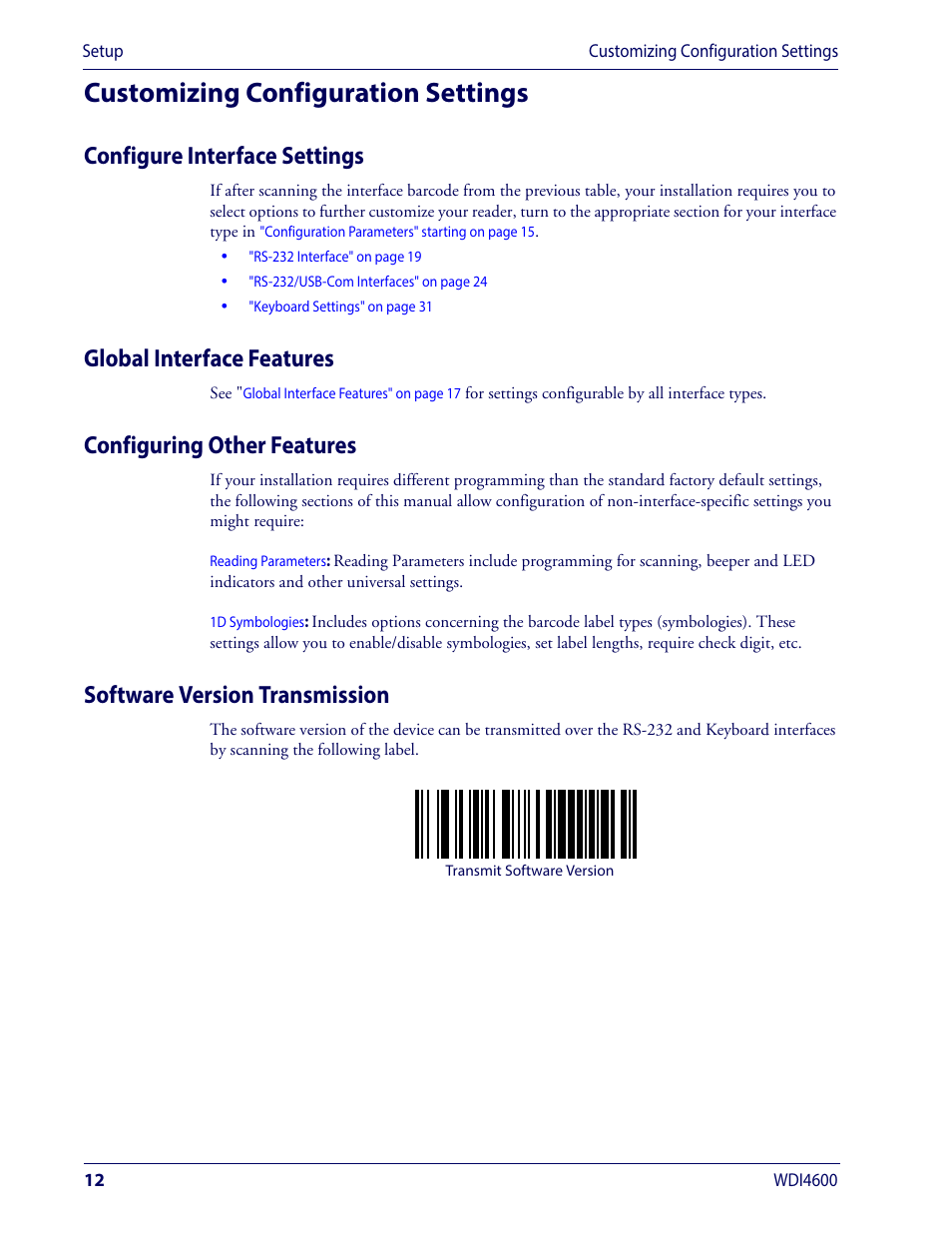 Customizing configuration settings, Configure interface settings, Global interface features | Configuring other features, Software version transmission | Wasp Barcode WDI4600 2D Product Reference Guide User Manual | Page 22 / 284