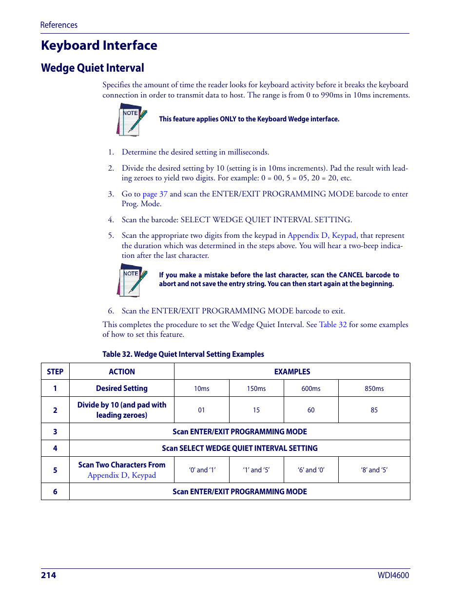 Keyboard interface, Wedge quiet interval, Eyboard | Nterface | Wasp Barcode WDI4600 2D Product Reference Guide User Manual | Page 224 / 284