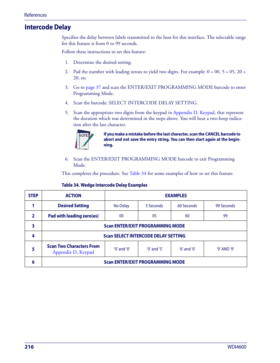 Intercode delay, 0 to 99 seconds. see | Wasp Barcode WDI4600 2D Product Reference Guide User Manual | Page 226 / 284