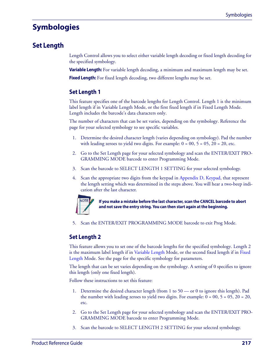 Symbologies, Set length, Variable length | Or the first fixed length if in, Fixed length, For detailed, Mode, or the second, Mode, or the sec, If you want det, Mode, or the | Wasp Barcode WDI4600 2D Product Reference Guide User Manual | Page 227 / 284