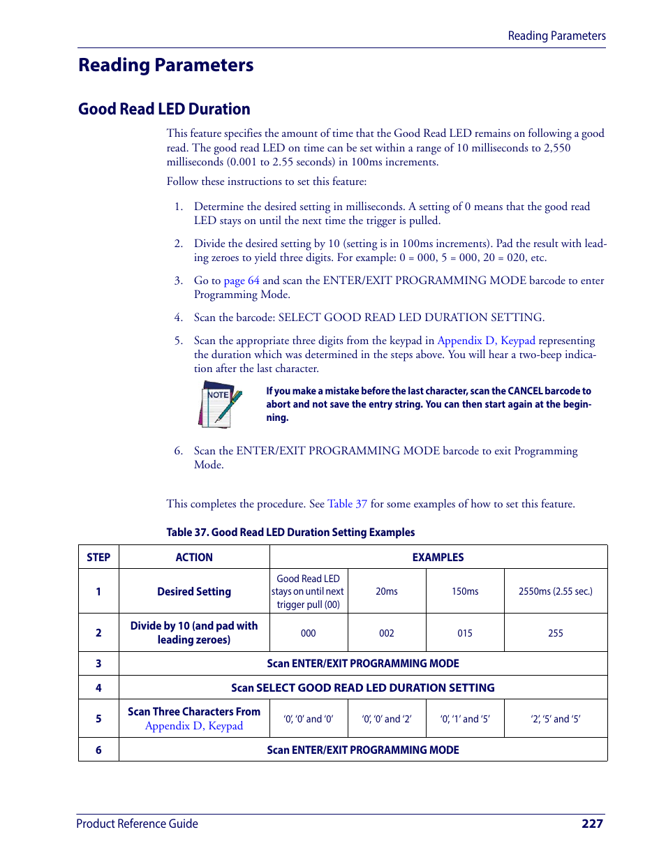 Reading parameters, Good read led duration, Eading | Arameters | Wasp Barcode WDI4600 2D Product Reference Guide User Manual | Page 237 / 284
