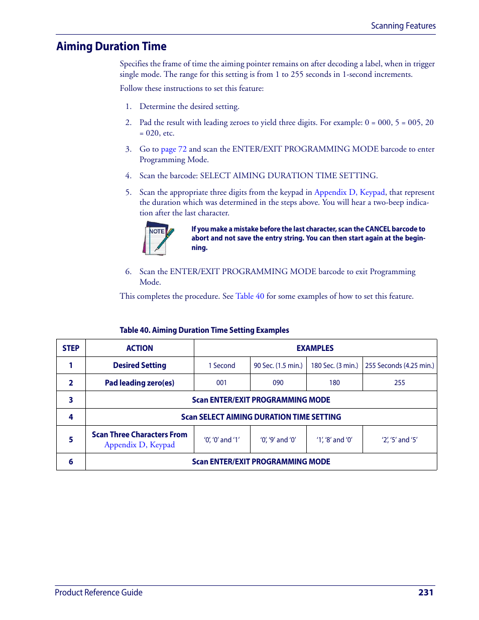 Aiming duration time | Wasp Barcode WDI4600 2D Product Reference Guide User Manual | Page 241 / 284